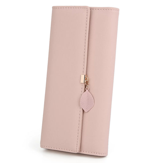 Womens Wallet PU Leather RFID Blocking Card Holder Elegant Zipper Coin Purse Leaf Pendant(Pink)