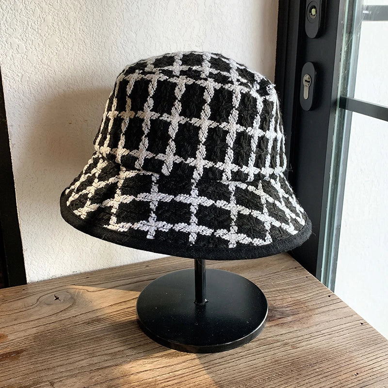 New Autumn Winter Women Bucket Hats Tweed Plaid Wide Brim Bucket Hats Panama Hats